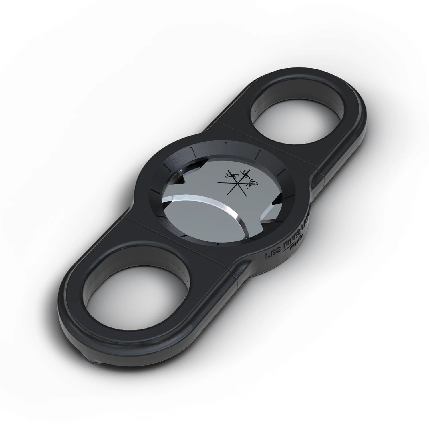La Guillotine Rotor by LES FINES LAMES, a black stainless steel guillotine cigar cutter shown from above