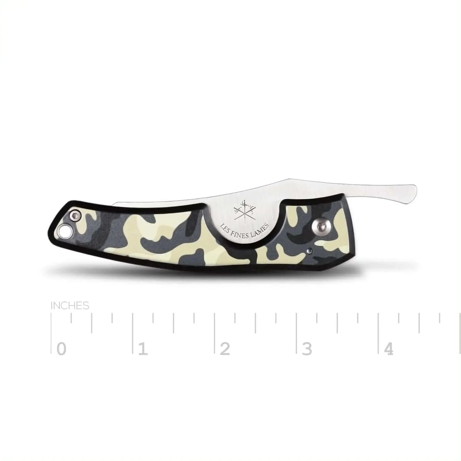Side view of Le PETIT Camo Desert pocket knife with beige and black camo pattern