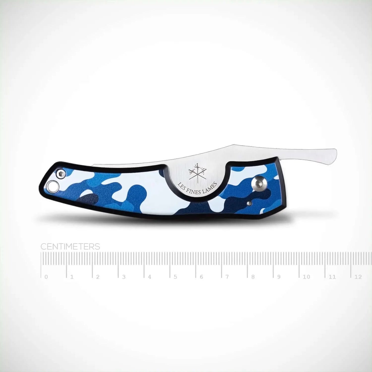 Side view of Le PETIT Camo Navy pocket knife with blue camo pattern