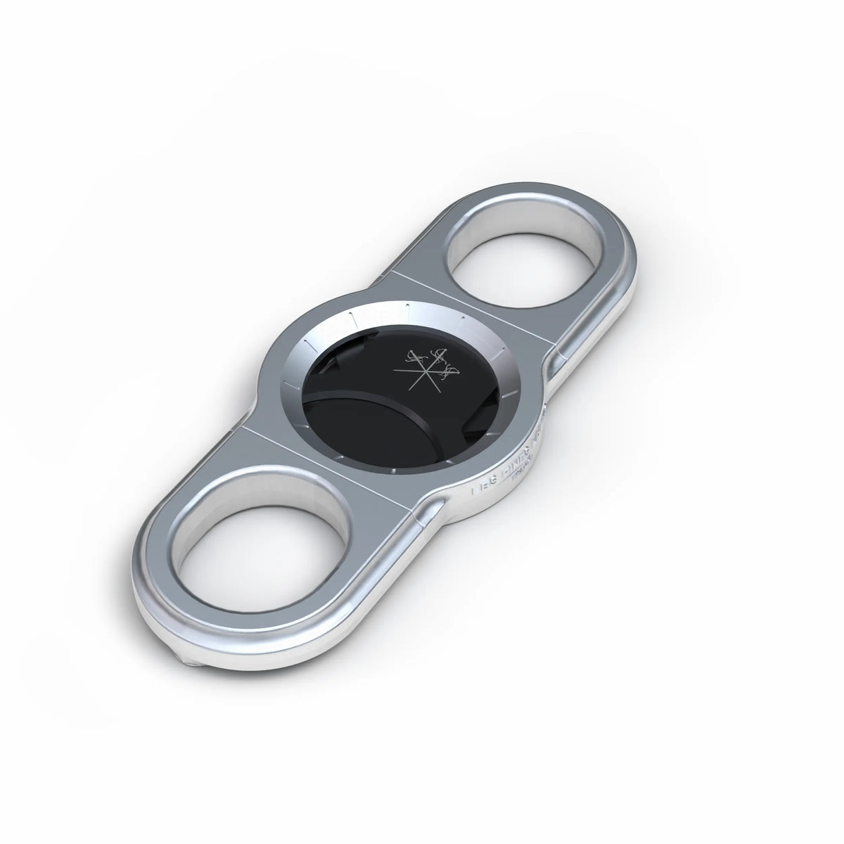 La Guillotine Rotor by LES FINES LAMES, a chrome stainless steel guillotine cigar cutter shown from above