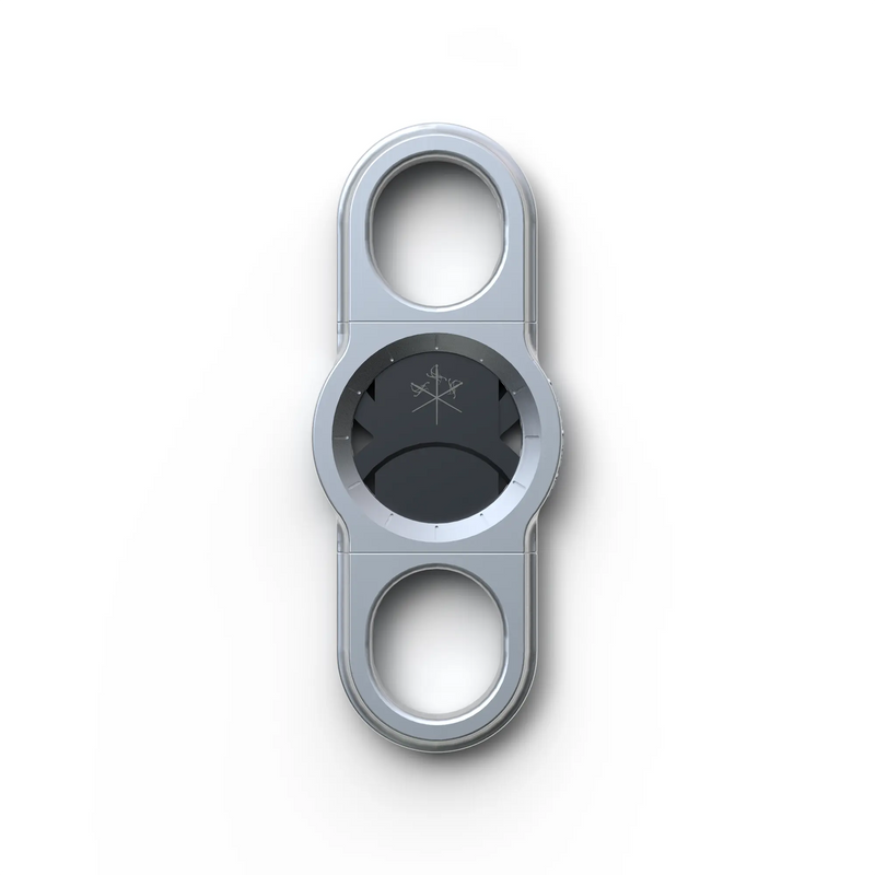 La Guillotine Rotor by LES FINES LAMES, a chrome stainless steel guillotine cigar cutter shown from the front