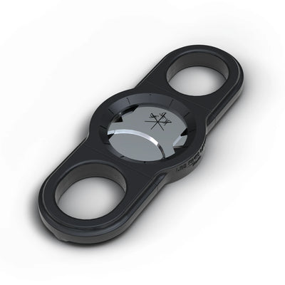 La Guillotine Rotor by LES FINES LAMES, a black stainless steel guillotine cigar cutter shown from above