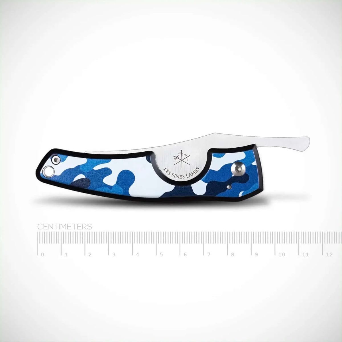 Side view of Le PETIT Camo Navy pocket knife with blue camo pattern