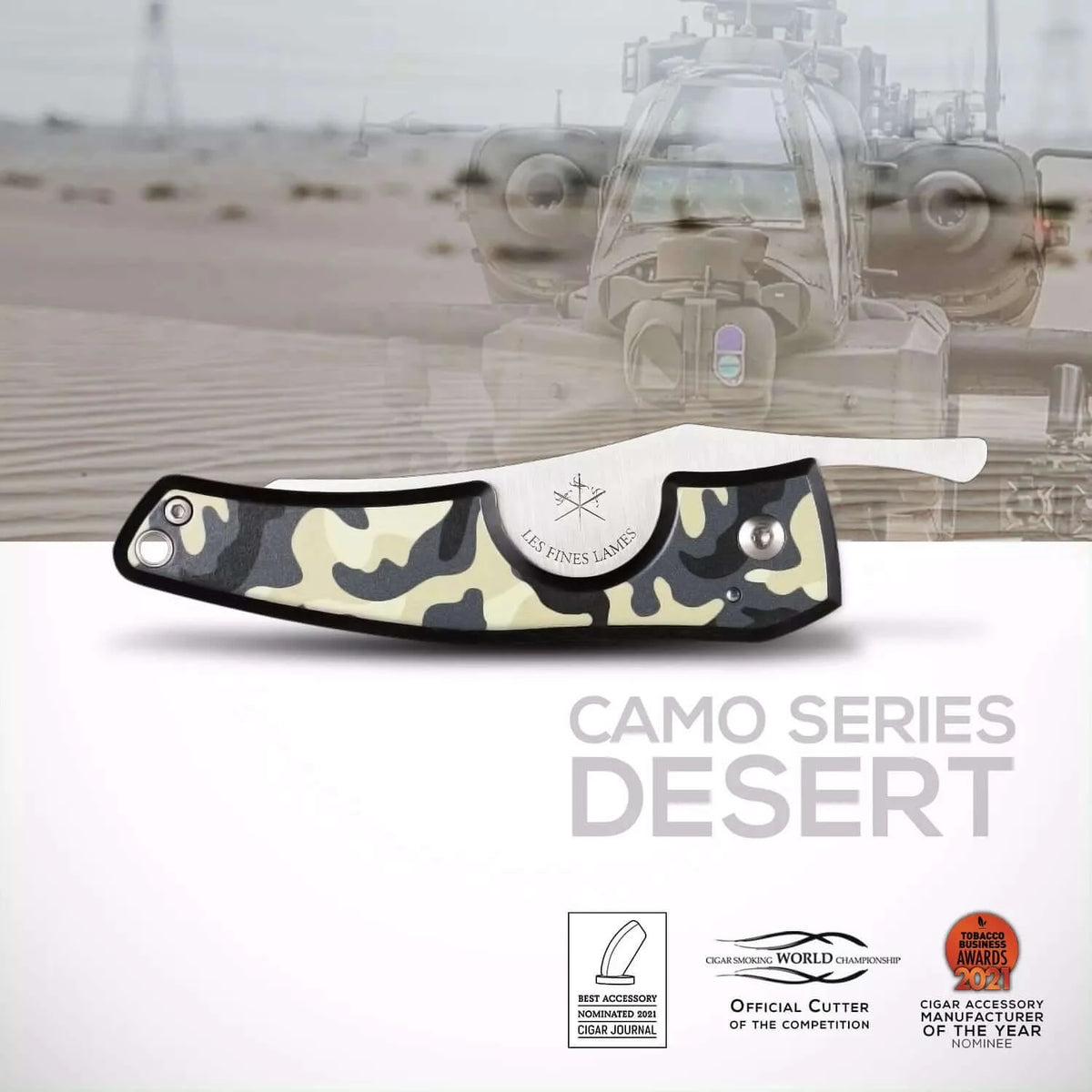 Le PETIT Camo Desert pocket knife displayed on a desert-inspired background