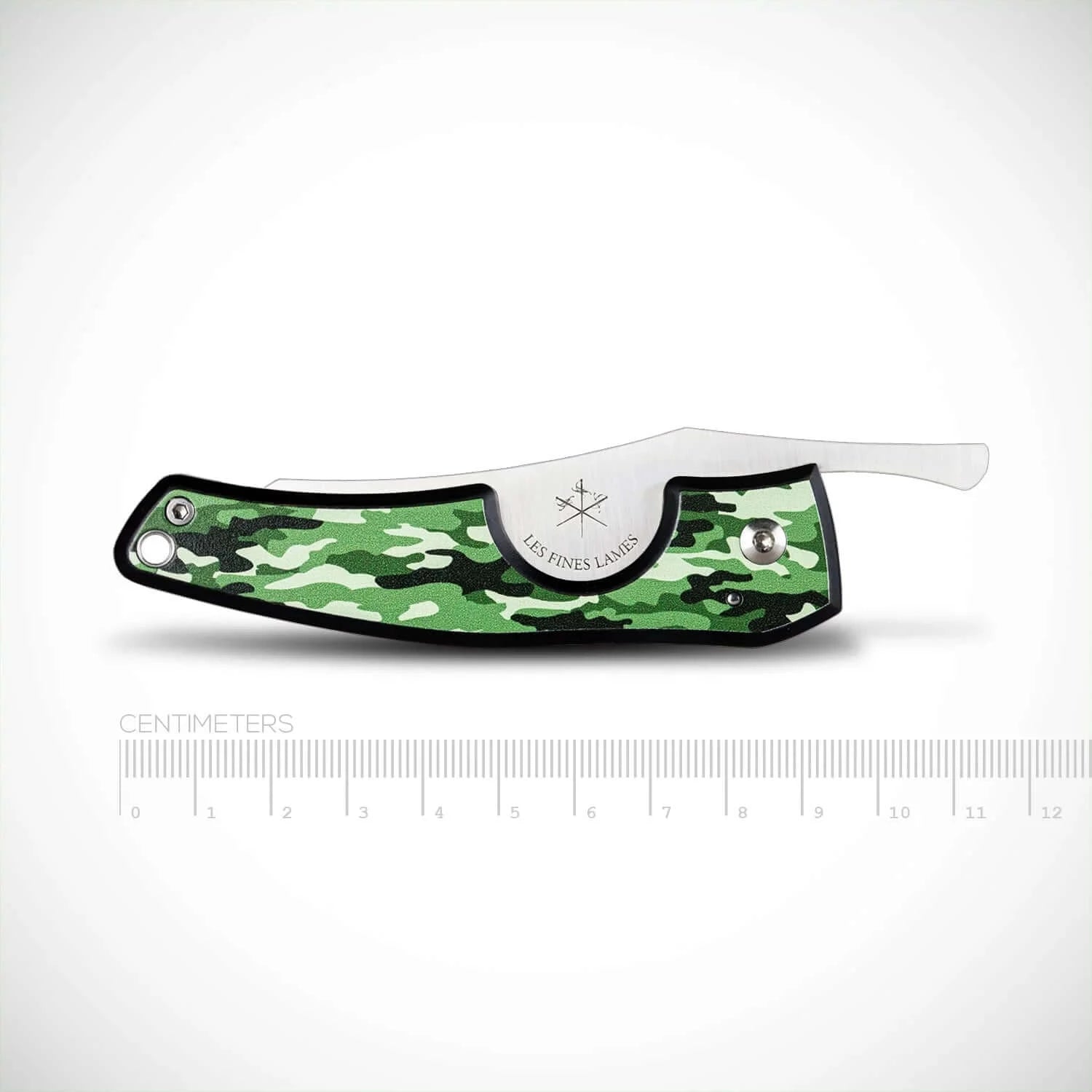 Side view of Le PETIT Camo Woodland pocket knife with green camouflage design