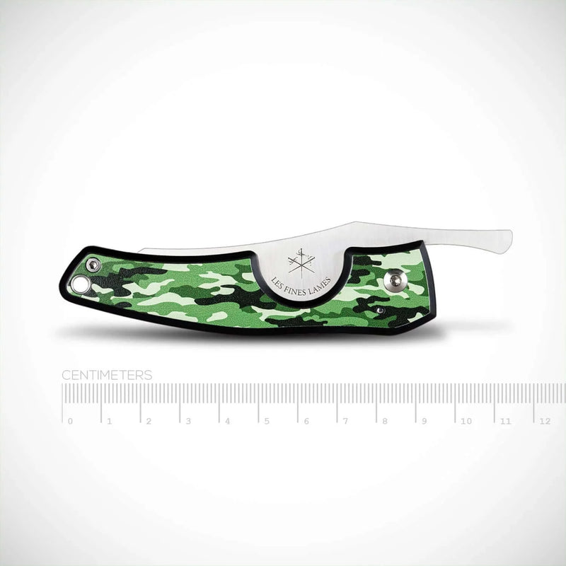 Side view of Le PETIT Camo Woodland pocket knife with green camouflage design